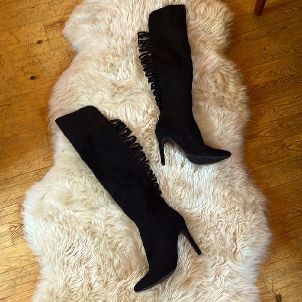 Black Thigh High Boots with Peek-a-Boo stretchy back